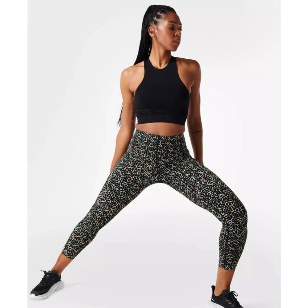 Sweaty Betty Power Leggings Women's Small 7/8 Length Black Multicolor Logo Print